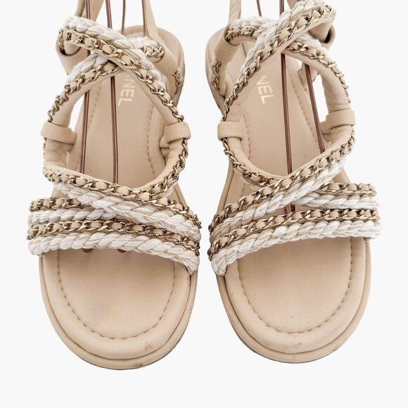 Chanel Chain & Cord Gladiator Sandals EU 39.5 US 8.5-9 Beige Leather Flat CC - Picture 3 of 14